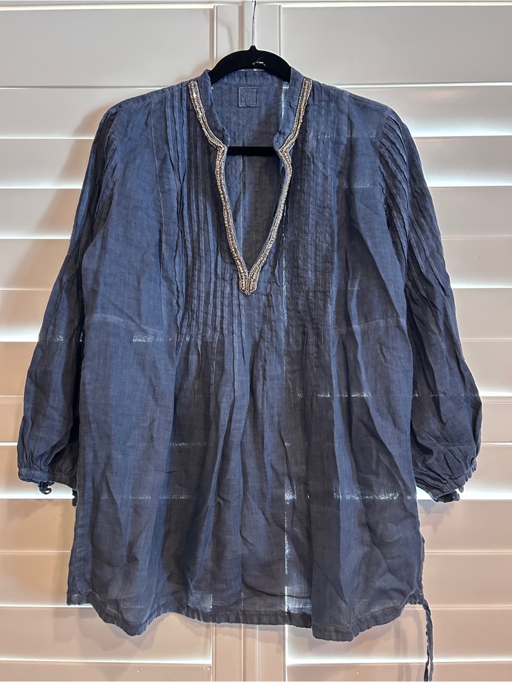 120% Lino Chambray Embellished Tunic Top Blue Size 48